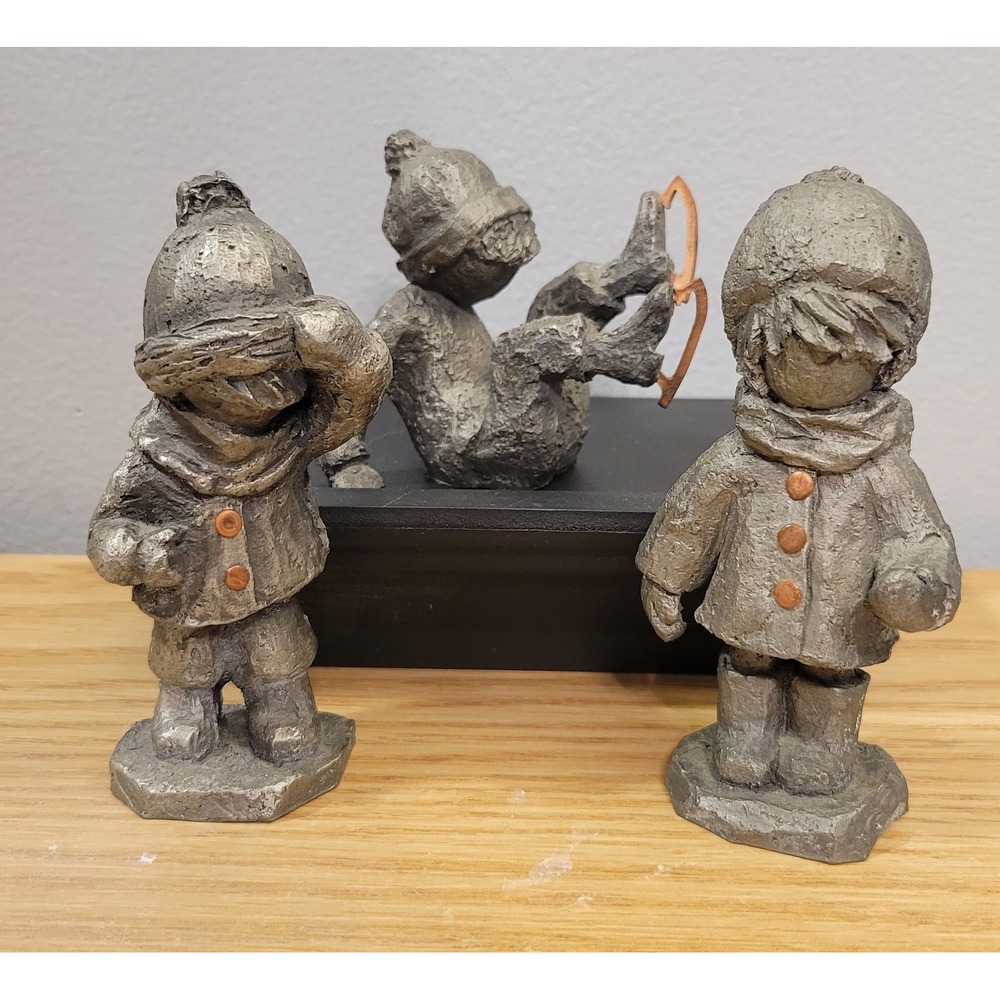 Vintage Hudson Pewter The Littles 3pc Winter Figurine Set Walli Copper Accents